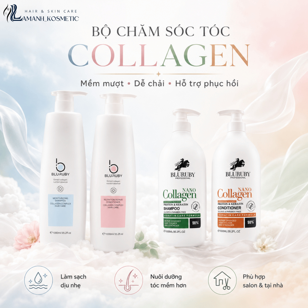Cặp Dầu Gội Xả Bluruby Collagen 1000ml/Chai | Dưỡng Tóc Mềm Mượt, Hỗ Trợ Giảm Gãy Rụng.