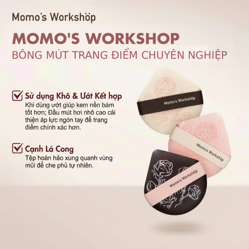 Bộ 3 Bông Mút Trang Điểm Nền - Má Hồng - Che Khuyết Điểm Cao Cấp Momo's Workshop Rosy Reverie Geego All Weather (3PCS)