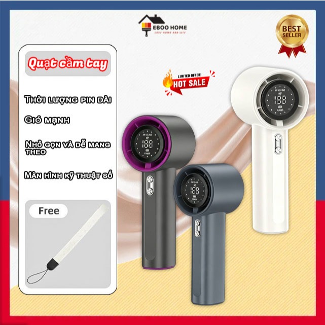 [HOT SALE] Quạt Cầm Tay Tích Điện, Màn Hình Số, Gió Mạnh 100 Cấp, Pin Lâu, Nhỏ Gọn, Tặng Dây Đeo Chống Trượt