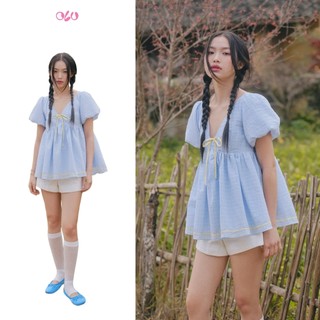 Áo OLV babydoll tay phồng pastel Bow Puff Sleeve Vneck Top phù hợp đi chơi đi biển