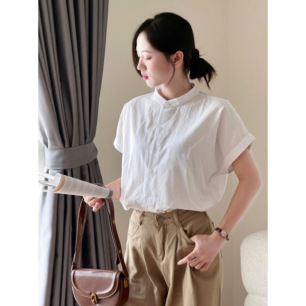 Áo Sơ Mi Nữ Cổ Tàu Ngắn Tay Dáng Rộng Vải Thô Đũi Hàn Quốc T225