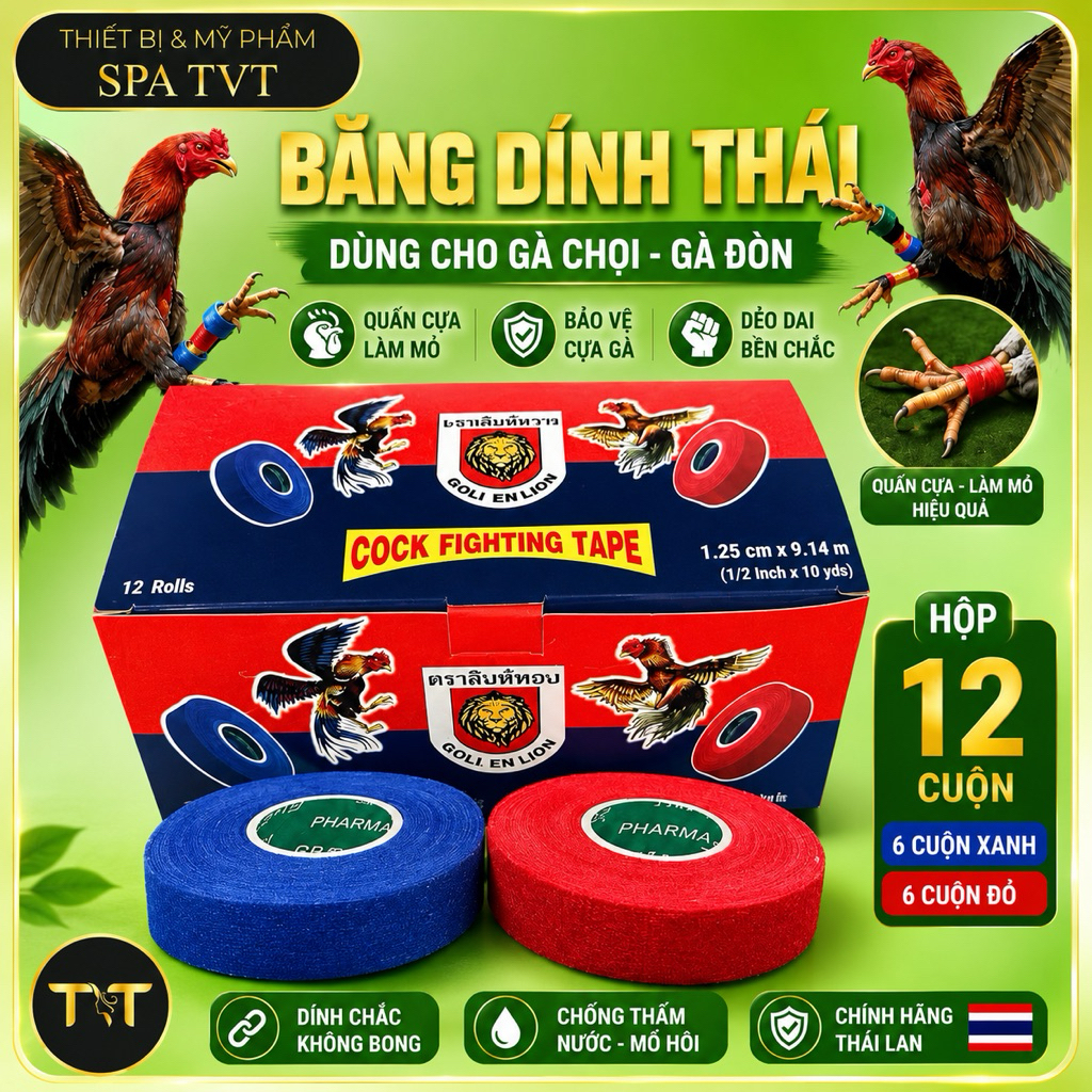BĂNG DÍNH THÁI LION CUỐN CỰA GÀ, TẾT MỎ GÀ HỘP 12 CUỘN, 6 ĐỎ 6 XANH, ĐỘ BÁM DÍNH TỐT