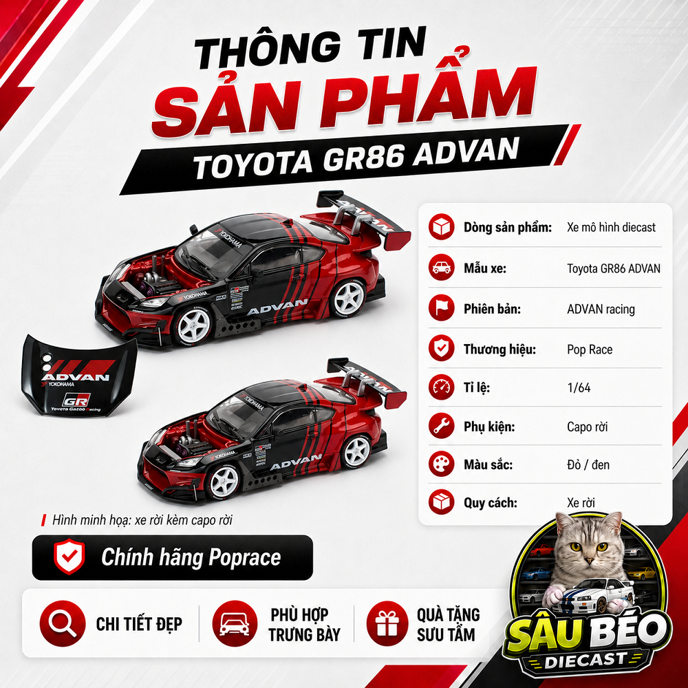 Mô hình xe chính hãng Poprace Toyota Pandem GR86 Advan 1/64