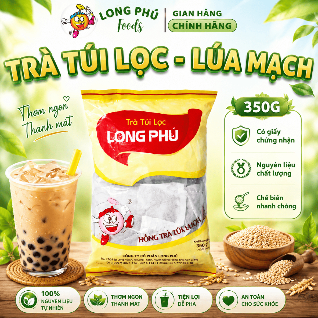 Hồng Trà Lúa Mạch LONG PHÚ gói 350gr (35gr*10) - Nguyên Liệu Trà Sữa, Vị Đậm Đà, Lưu Hương Lâu