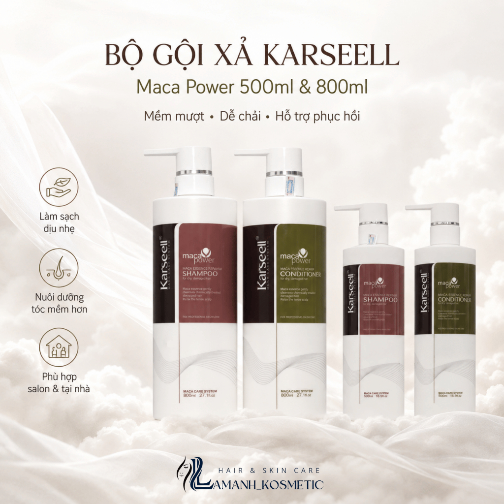Cặp Dầu Gội Xả Karseell Maca Power 500ml/800ml | Dưỡng Tóc Mềm Mượt, Hỗ Trợ Phục Hồi Tóc Khô Xơ.