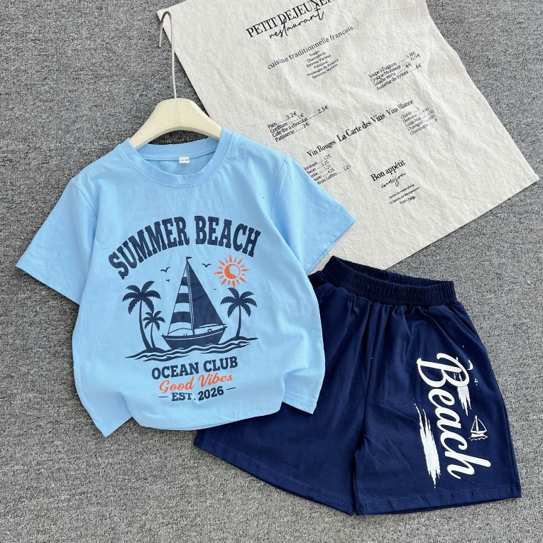 Bộ Cotton Mềm Mát Áo Thun Tay Ngắn Quần Short SUMMER BEACH Cho Bé Trai 5-15 Tuổi Hè Năng Động