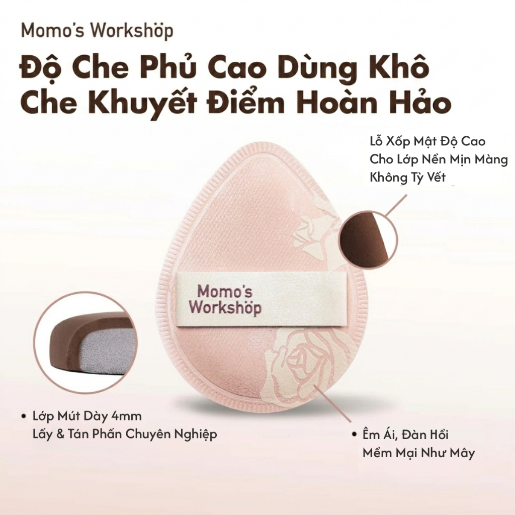 [Livestream Hannah] Combo Bông Mút Trang Điểm Cao Cấp Momo's Workshop Rosy Reverie Airy Mallow Puff - Rosy Drop