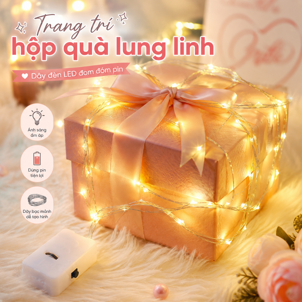Dây Đèn LED Đom Đóm Sẵn Pin 1M Nhấp Nháy Trang Trí Hộp Quà, Sinh Nhật, Kỷ Niệm, Decor Phòng