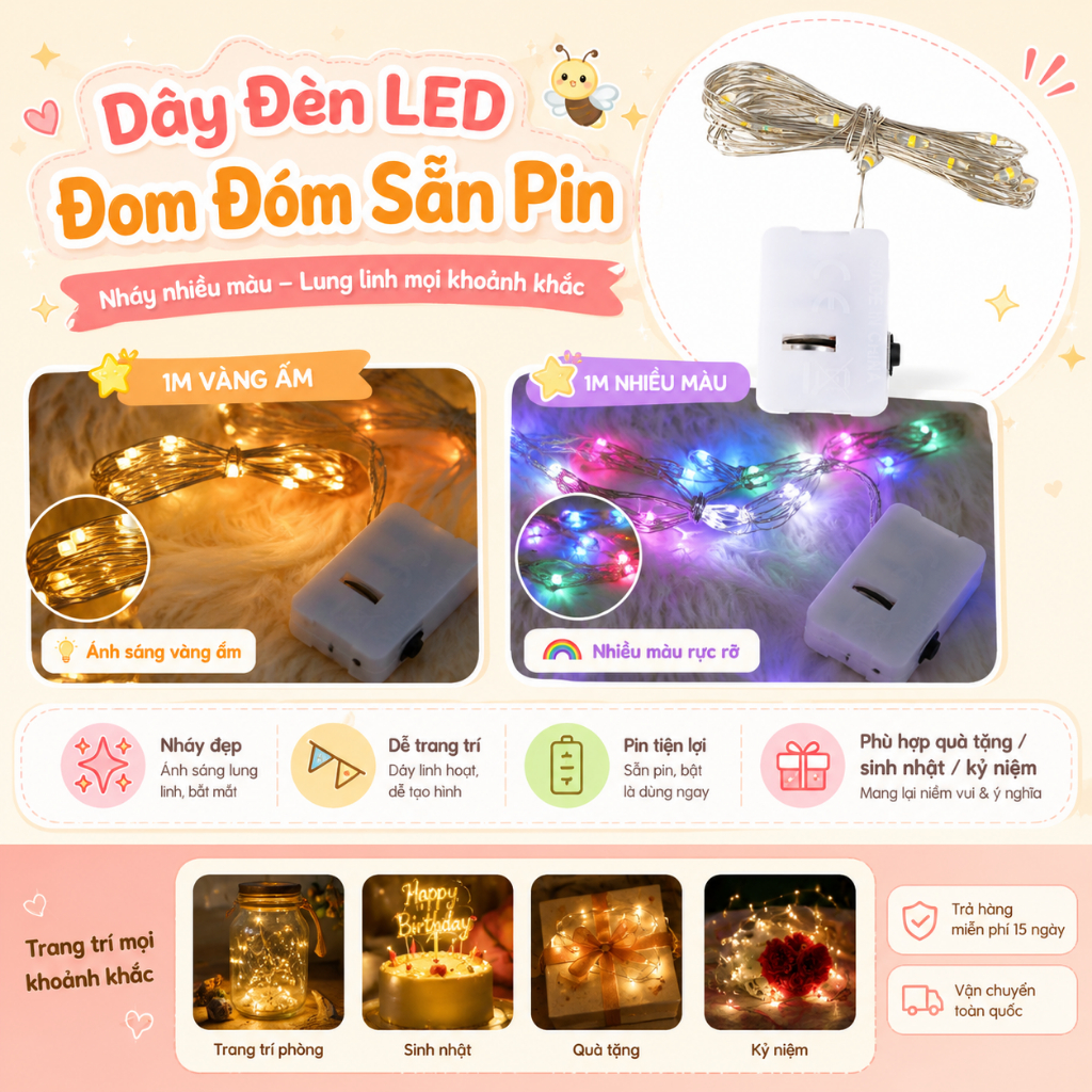 Dây Đèn LED Đom Đóm Sẵn Pin 1M Nhấp Nháy Trang Trí Hộp Quà, Sinh Nhật, Kỷ Niệm, Decor Phòng