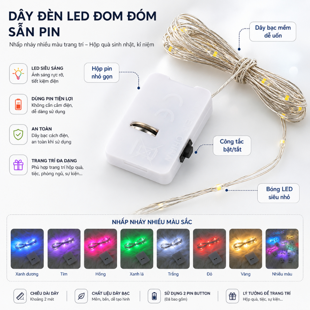 Dây Đèn LED Đom Đóm Sẵn Pin 1M Nhấp Nháy Trang Trí Hộp Quà, Sinh Nhật, Kỷ Niệm, Decor Phòng