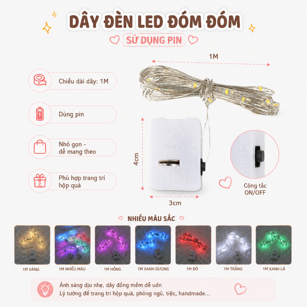 Dây Đèn LED Đom Đóm Sẵn Pin 1M Nhấp Nháy Trang Trí Hộp Quà, Sinh Nhật, Kỷ Niệm, Decor Phòng