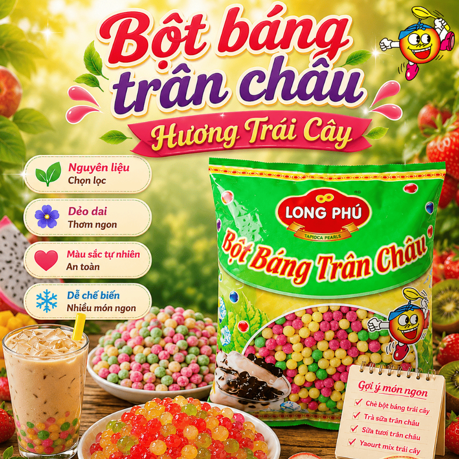 Bột Báng Trân Châu Size Trung LONG PHÚ Gói 1kg Có Nhiều Vị - Topping Nguyên Liệu Làm Trà Sữa