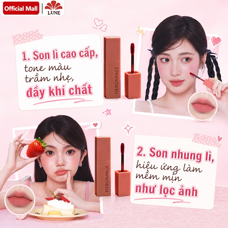 Son Môi Màu Lì HERORANGE, Son kem đất sét, đường viền môi nhòe, dễ tán, lên màu cao, không khô môi
