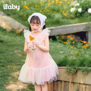 Váy bé gái ILABY HCM dáng xòe họa tiết kẻ caro hồng phối bèo cổ và chân váy voan tơ điệu đà [4016]