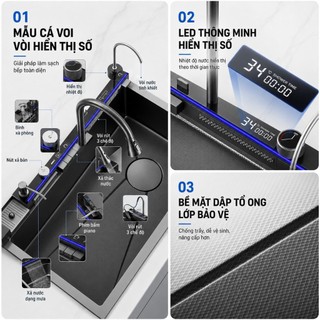 Chậu Rửa Bát 1 Hố Thông Minh inox 304 vật liệu Cao Cấp đa chức năng hiển thị nhiệt độ Full Phụ Kiện Sang Bảo hành 2 năm