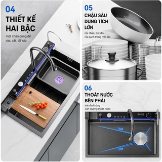Chậu Rửa Bát 1 Hố Thông Minh inox 304 vật liệu Cao Cấp đa chức năng hiển thị nhiệt độ Full Phụ Kiện Sang Bảo hành 2 năm