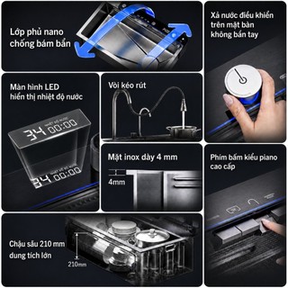 Chậu Rửa Bát 1 Hố Thông Minh inox 304 vật liệu Cao Cấp đa chức năng hiển thị nhiệt độ Full Phụ Kiện Sang Bảo hành 2 năm