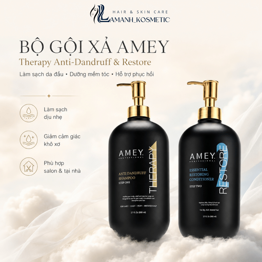 Cặp Dầu Gội Xả AMEY Therapy Restore 800ml/Chai | Hỗ Trợ Sạch Gàu, Giảm Ngứa, Tóc Mềm Mượt.