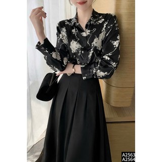 Áo sơ mi  hoa lụa +Chân váy xếp ly cạp cao thời thượng A2563+