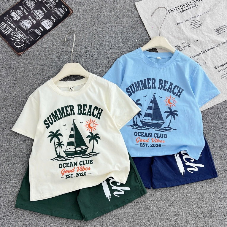 Bộ Cotton Mềm Mát Áo Thun Tay Ngắn Quần Short SUMMER BEACH Cho Bé Trai 5-15 Tuổi Hè Năng Động