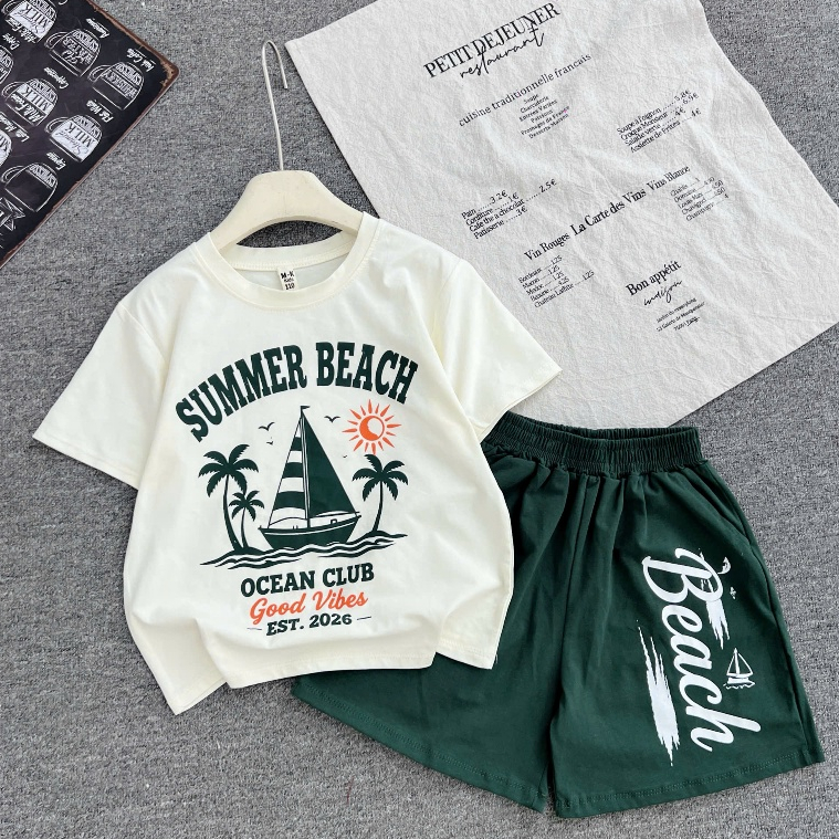 Bộ Cotton Mềm Mát Áo Thun Tay Ngắn Quần Short SUMMER BEACH Cho Bé Trai 5-15 Tuổi Hè Năng Động