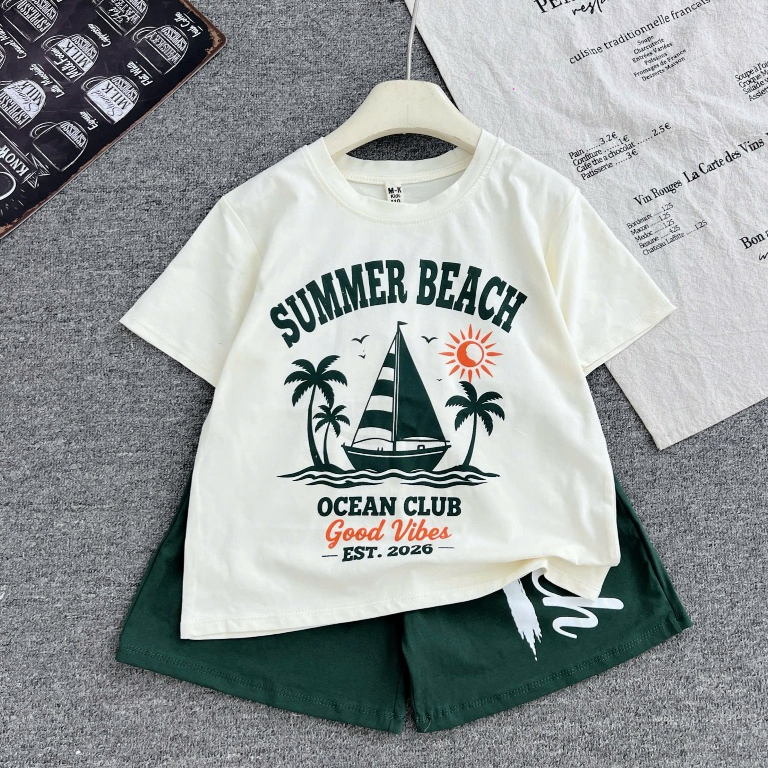 Bộ Cotton Mềm Mát Áo Thun Tay Ngắn Quần Short SUMMER BEACH Cho Bé Trai 5-15 Tuổi Hè Năng Động