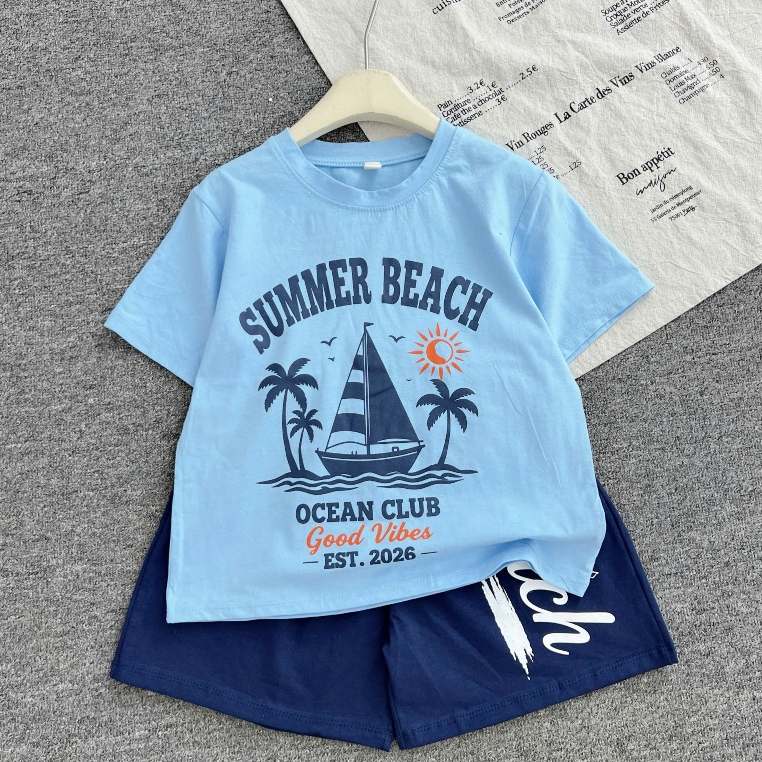Bộ Cotton Mềm Mát Áo Thun Tay Ngắn Quần Short SUMMER BEACH Cho Bé Trai 5-15 Tuổi Hè Năng Động