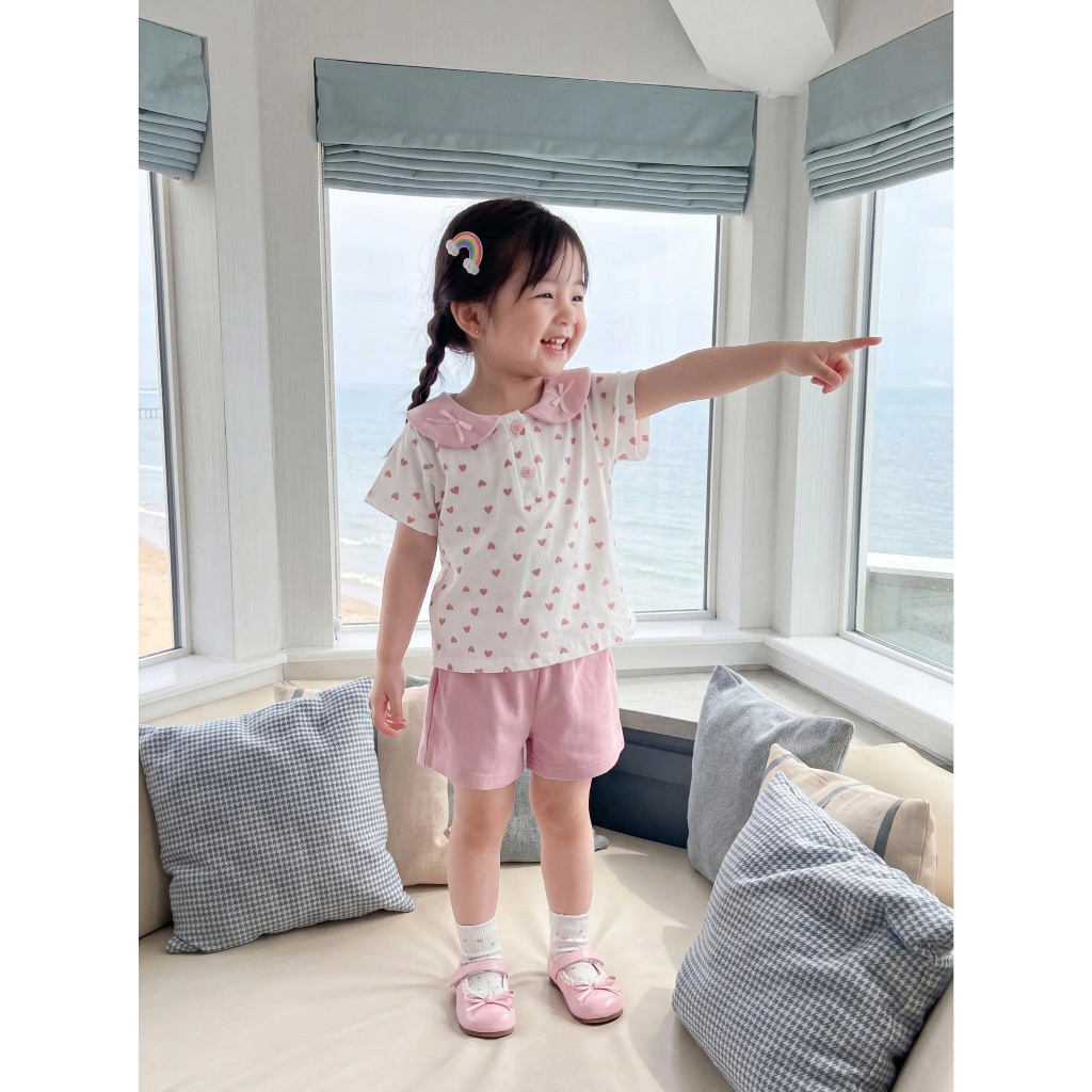 Set bộ cộc tay bé gái dáng cổ sen Miniumbaby mix quần/quần váy, chất vải áo cotton mềm mát SB2653