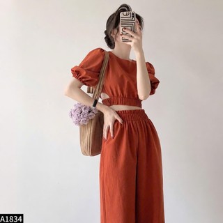 Set : Áo Croptop chun eo + quần ống rộng 3 mà