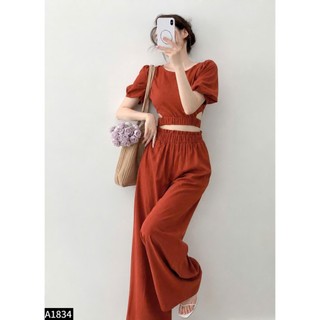 Set : Áo Croptop chun eo + quần ống rộng 3 mà