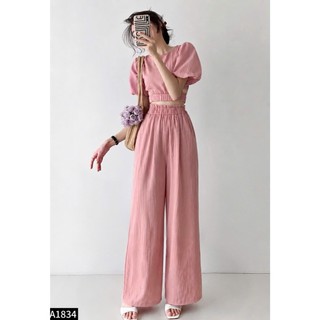 Set : Áo Croptop chun eo + quần ống rộng 3 mà