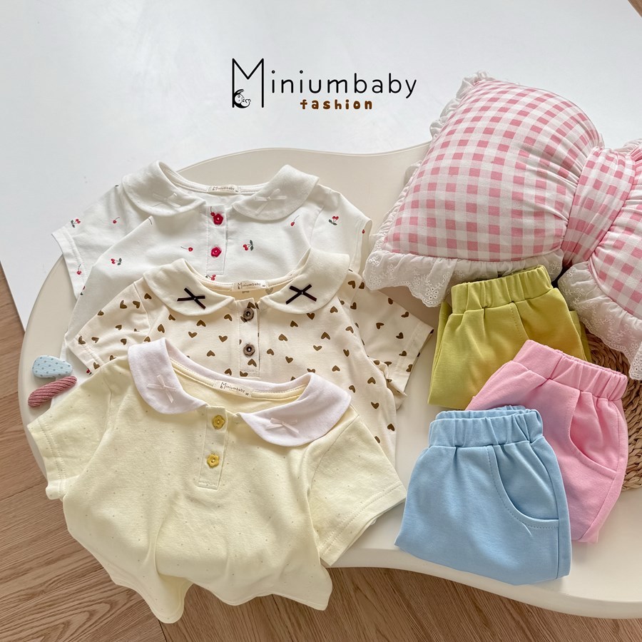 Set bộ cộc tay bé gái dáng cổ sen Miniumbaby mix quần/quần váy, chất vải áo cotton mềm mát SB2653