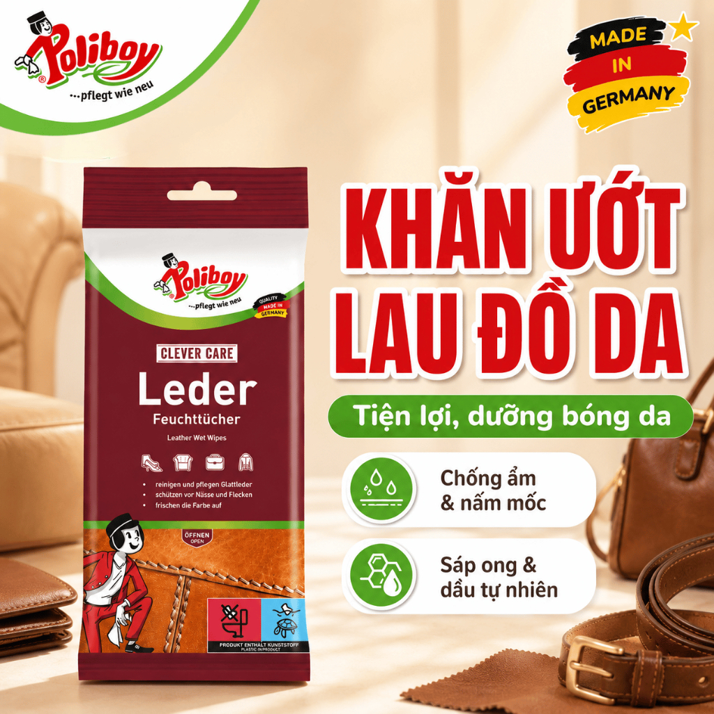 Khăn Ướt Lau Đồ Da Poliboy, Nội Địa Đức, Đánh Bóng Đồ Da, Chống Ẩm Mốc