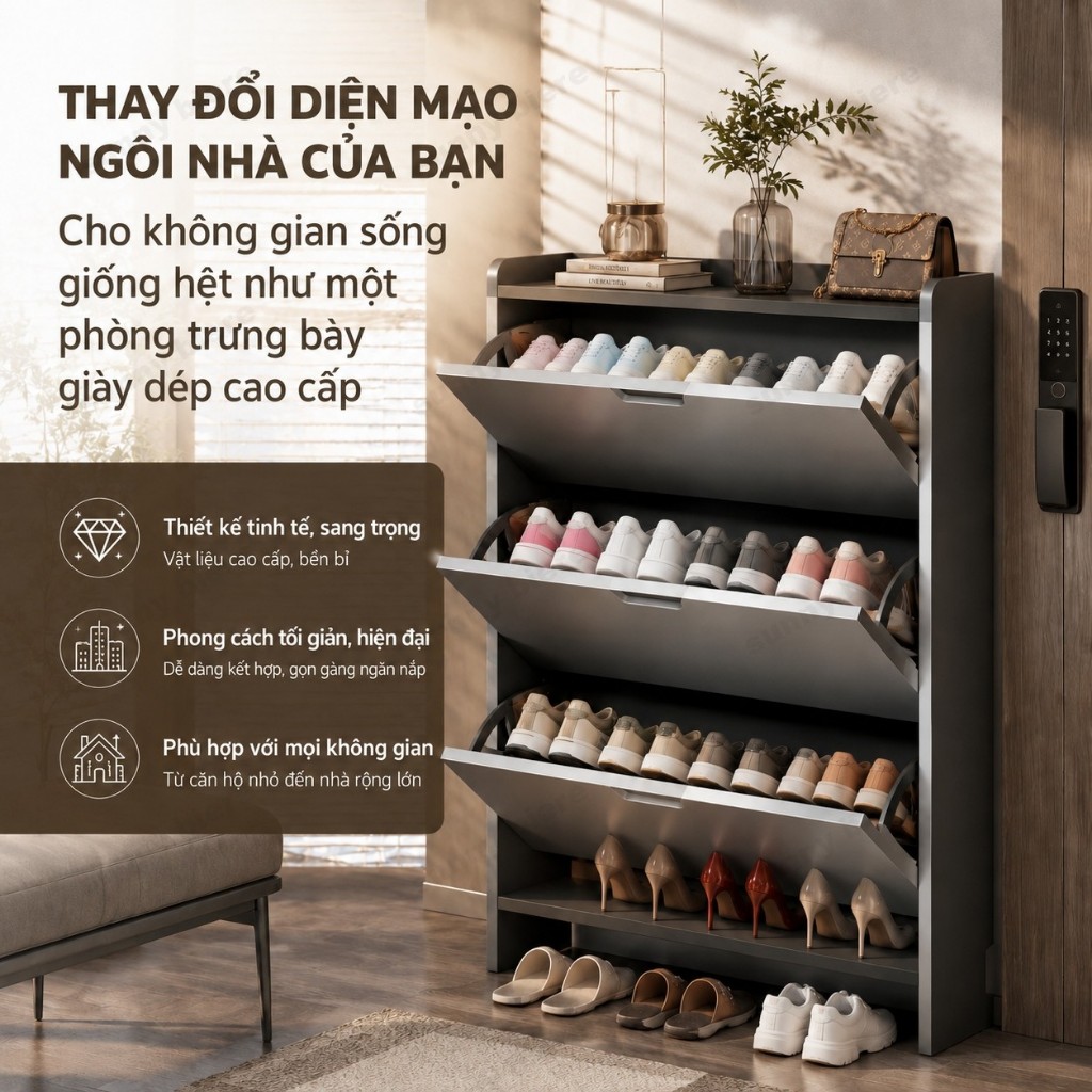 Tủ giày thông minh cánh lật 3 tầng Gọn cho lối vào căn hộ Tiết kiệm diện tích nhà nhỏ 𝙎𝙐𝙉𝙉𝙔 𝘽𝙄𝙀𝙍𝙀