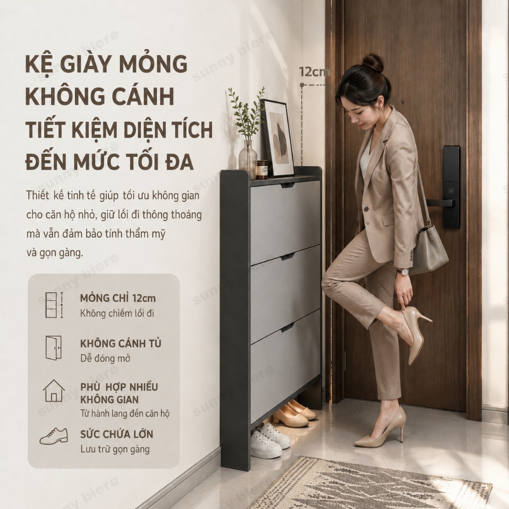 Tủ giày thông minh cánh lật 3 tầng Gọn cho lối vào căn hộ Tiết kiệm diện tích nhà nhỏ 𝙎𝙐𝙉𝙉𝙔 𝘽𝙄𝙀𝙍𝙀