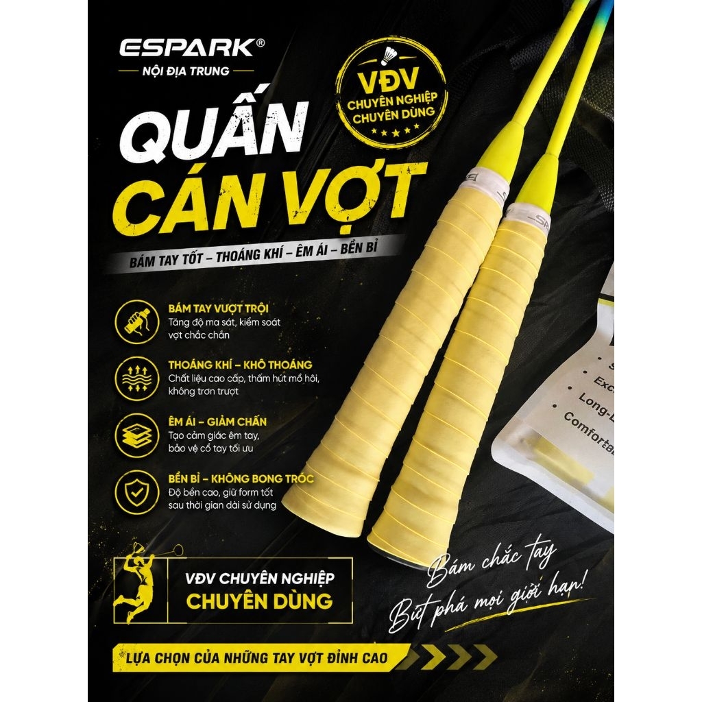 Mua 4 tặng 1 - Mua 8 tặng 2 Quấn Cán Vợt ESPARK PU Cao Cấp Nội Địa Trung  VĐV Chuyên Dùng ,Pickleball  Cầu Lông Tennis