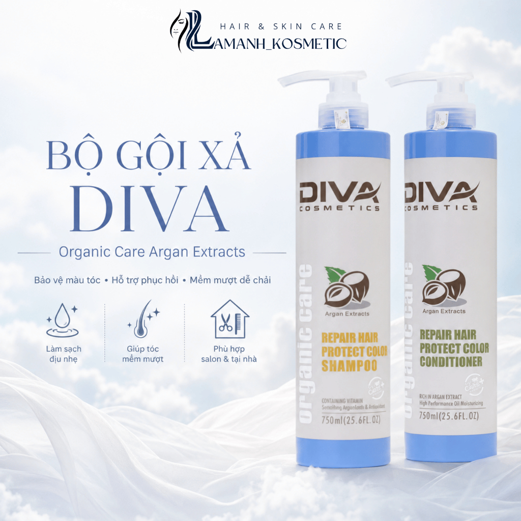 Cặp Dầu Gội Xả DIVA Organic Care Argan Extracts 500/750ml | Bền Màu Tóc Nhuộm, Mềm Mượt Dễ Chải.