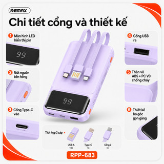 REMAX RPP-683 Pin Sạc Dự Phòng 10000mAh 2.1A, Tích Hợp 3 Cáp