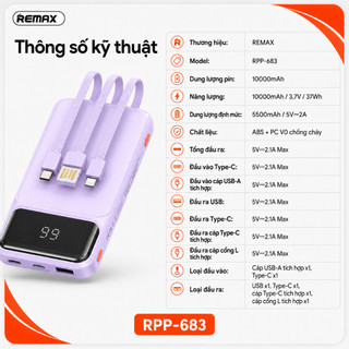 REMAX RPP-683 Pin Sạc Dự Phòng 10000mAh 2.1A, Tích Hợp 3 Cáp