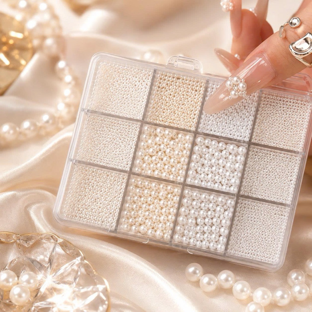 Hộp Mix Ngọc Trai Nail 12 Ô Cao Cấp Nhiều Size Trắng Kem Trang Trí Móng Handmade Phụ Kiện Nail NC2