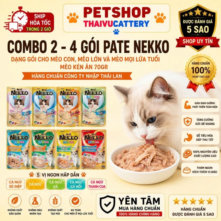 Pate Nekko dạng gói cho mèo con mèo lớn và mèo mọi lứa tuổi mèo kén ăn 70gr hàng Chuẩn nhập Thái