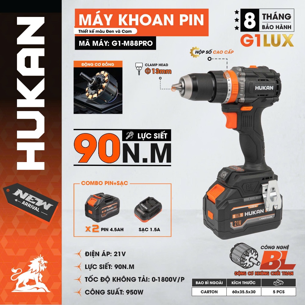 Máy Khoan Pin HUKAN G1-M88PRO 13mm | Khoan 21V | Lực Siết 90N.m | Công Suất 950W | Động Cơ Không Chổi Than |  BH 8 Tháng