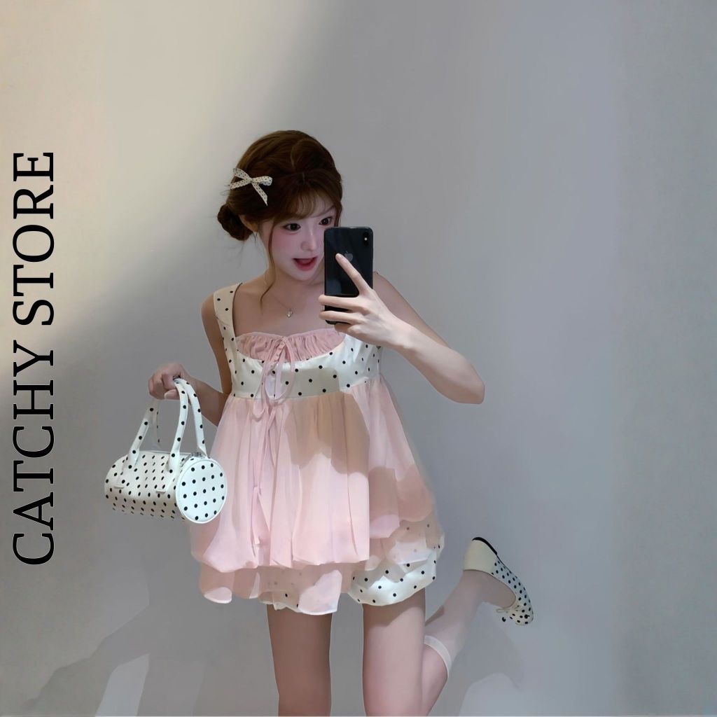 Set bộ nữ 2 dây cổ vuông chấm bi dáng babydoll kèm quần bí phong cách tiểu thư đi chơi CATCHYstore