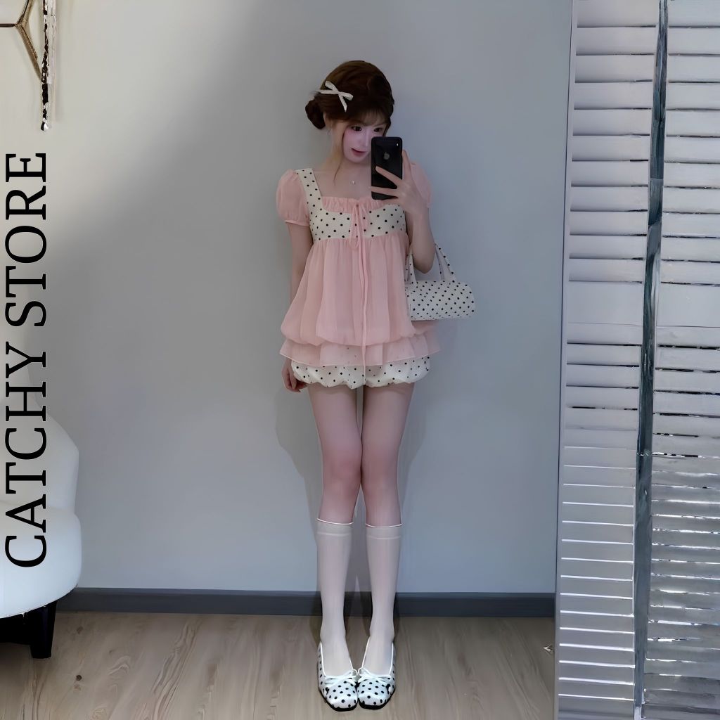 Set bộ nữ 2 dây cổ vuông chấm bi dáng babydoll kèm quần bí phong cách tiểu thư đi chơi CATCHYstore