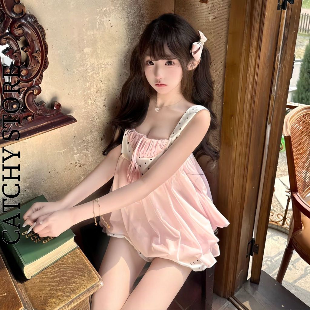 Set bộ nữ 2 dây cổ vuông chấm bi dáng babydoll kèm quần bí phong cách tiểu thư đi chơi CATCHYstore