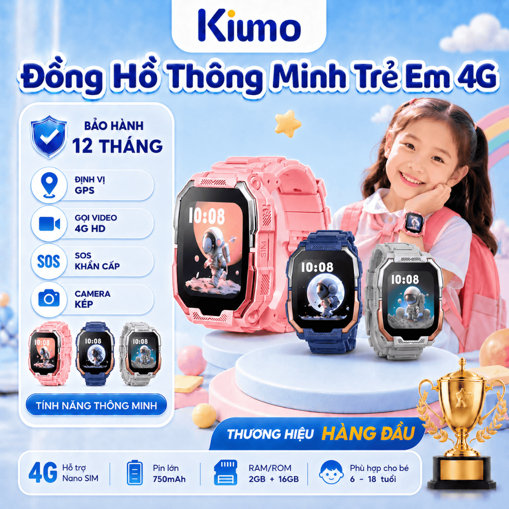 Kiumo Smartwatch Trẻ Em 4G 2+16GB Cao Cấp | Gọi Video Mượt | GPS | Camera Kép | SOS
