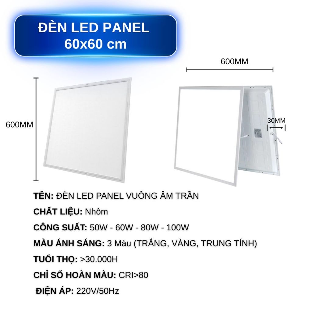 Đèn vuông panel 60*60cm Công suất 100W | Đèn panel ốp nổi bắt vít Đèn thả trần thạch cao, BH 2 năm