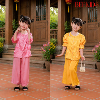 Set Bộ Áo bà ba gấm tay chun phồng cúc ngọc + quần lụa bóng mềm mịn cho bé gái  mặc trung thu, lễ tết,  BB06 - BEEKIDS