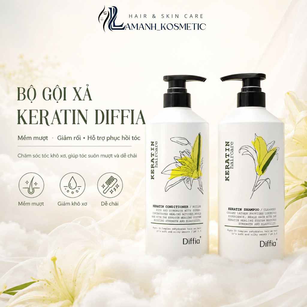 Cặp Dầu Gội Xả Diffia Keratin Haircare 785ml | Dưỡng Tóc Mềm Mượt, Hỗ Trợ Phục Hồi Tóc Khô Xơ.