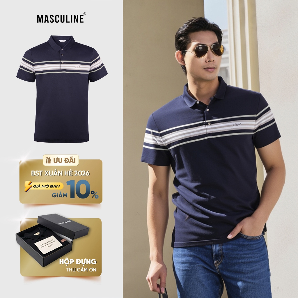 Áo polo nam cao cấp MASCULINE APL612 - Phom regular fit áo cổ bẻ phối phối sọc ngang màu xanh đen